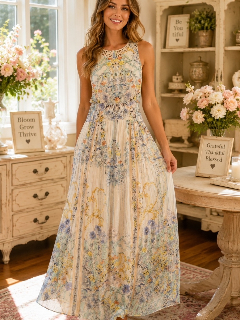 Anthropologie Sleeveless Floral Maxi Dress in Cream, Blue, Yellow